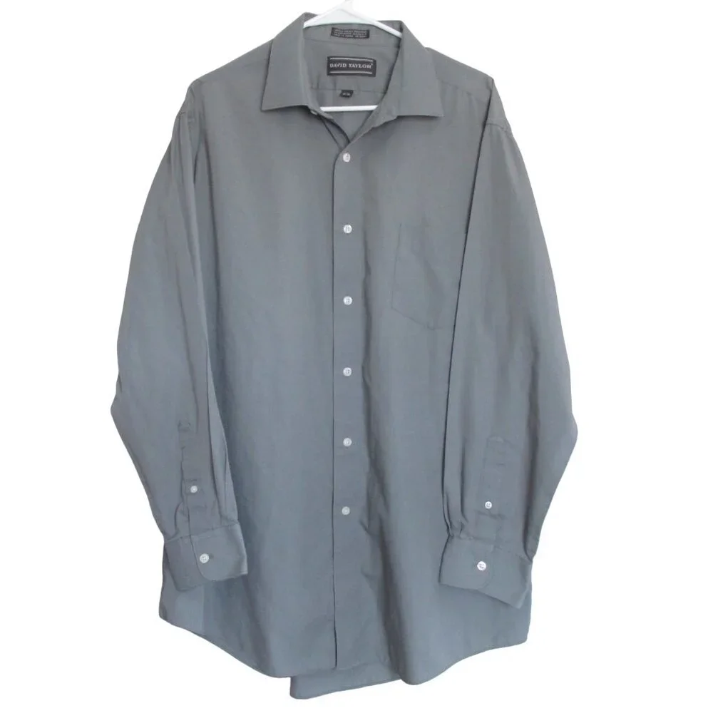 David Taylor Button Down Shirt Mens Size 17.5 34/35 Dark Gray Long Sleeve Collar